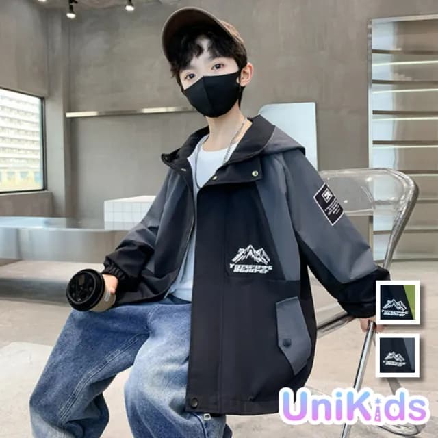 【UniKids】秋中大童裝長袖連帽外套 撞色衝鋒衣夾克  男大童裝 VP9918(綠 黑)