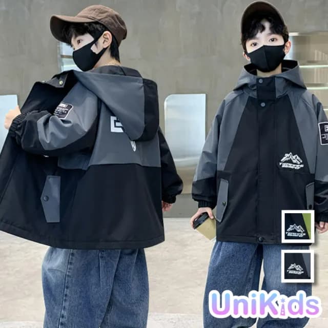 【UniKids】秋中大童裝長袖連帽外套 撞色衝鋒衣夾克  男大童裝 VP9918(綠 黑)