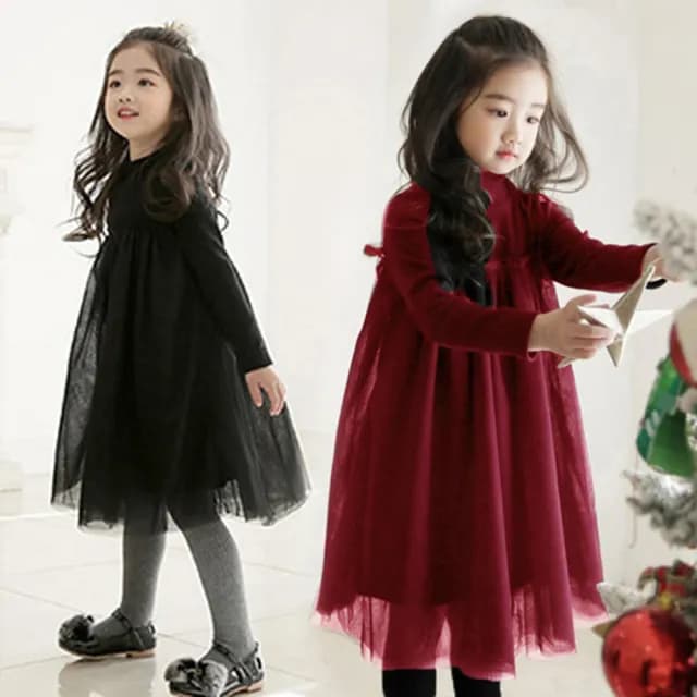 【橘魔法】極素高領紗裙長袖洋裝(大童 聖誕 過年 連身裙 澎澎裙 連衣裙 長袖洋裝 紗裙 女童 洋裝 童裝)
