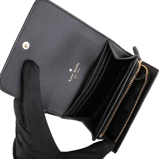 【KATE SPADE】KAYLA荔枝皮紋對釦式拉鍊零錢包短夾(黑色)