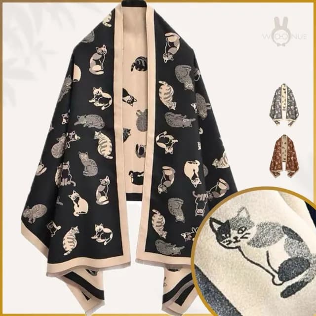 【WOONUE】60款超柔羊毛絨質感圍巾冷氣披肩百搭貓咪圍巾絲巾斗篷黑白(生日禮物媽媽女友老婆聖誕禮物情人)