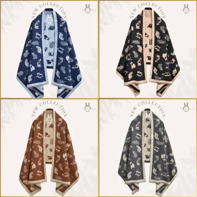 【WOONUE】60款超柔羊毛絨質感圍巾冷氣披肩百搭貓咪圍巾絲巾斗篷黑白(生日禮物媽媽女友老婆聖誕禮物情人)