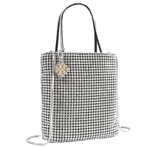 【TORY BURCH】經典雙T吊飾璀璨滿版水鑽迷你手袋包兩用包(銀鑽)