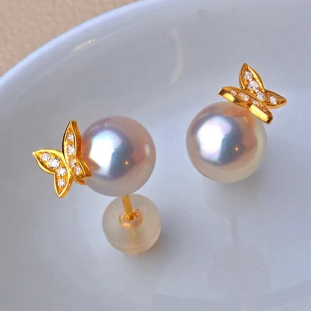 【La Corser】7.5-8mm 天然日本 Akoya 海水珍珠 耳環 極強光 正圓珍珠 耳飾 18K金 蝴蝶耳釘