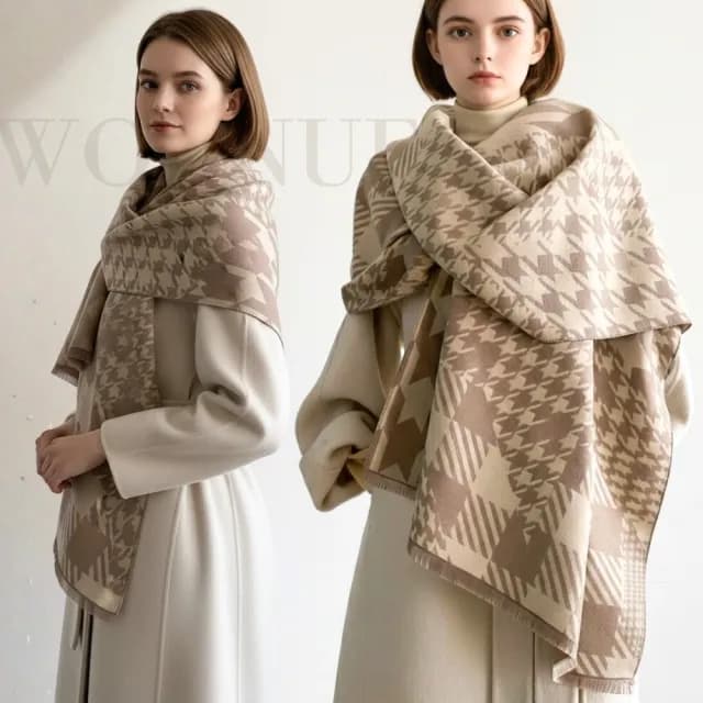 【WOONUE】英倫格紋超柔羊毛絨質感圍巾披肩空調百搭圍巾絲巾斗篷粉色白(生日媽媽女友老婆聖誕交換禮物)