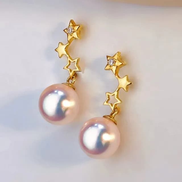 【La Corser】6.5-7mm 天然日本 Akoya 海水珍珠 耳環 18K金 星星耳釘 極強光 天女級 耳飾