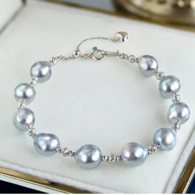 【La Corser】真多麻系列 8-9mm 天然 Akoya 海水珍珠 巴洛克 銀灰藍珍珠 18K金 可調節手鍊 氣質優雅