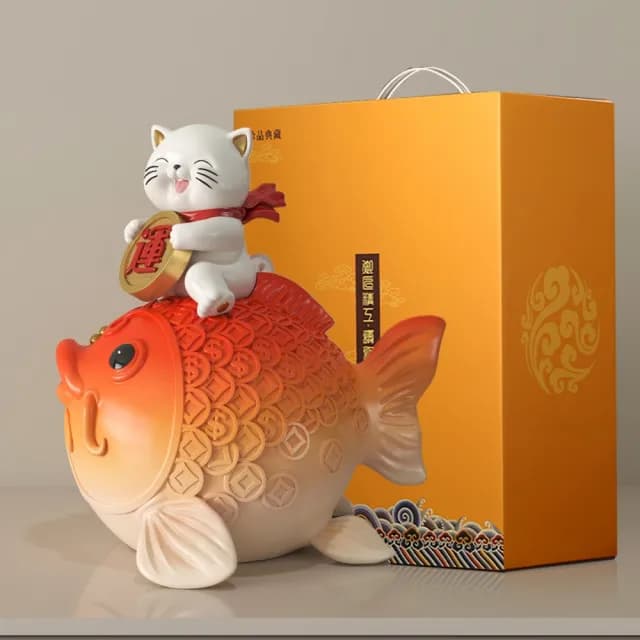 【超微米】鴻運當頭錦鯉招財貓擺件 客廳玄關電視櫃收銀台裝飾品 喬遷開業禮物(22*20*24CM)