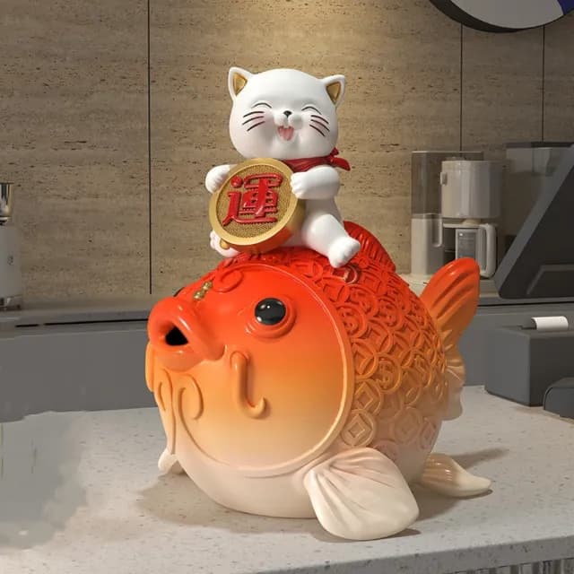 【超微米】鴻運當頭錦鯉招財貓擺件 客廳玄關電視櫃收銀台裝飾品 喬遷開業禮物(22*20*24CM)