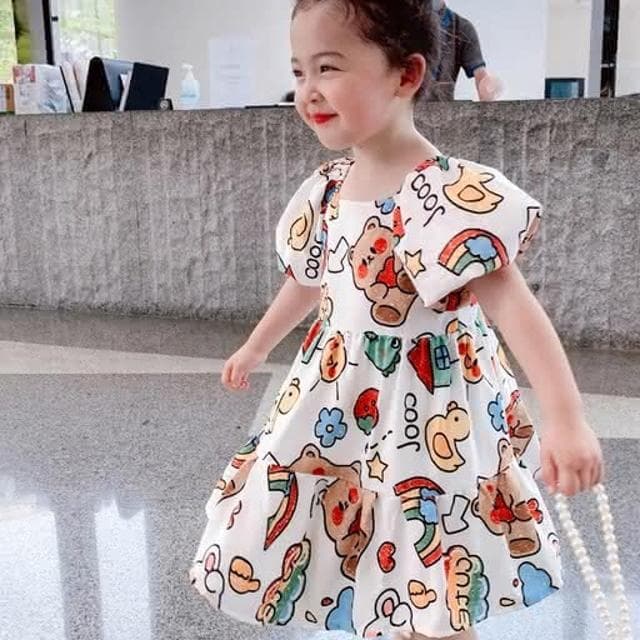 【Arbea】女童兒童裙子卡通娃娃彩虹泡泡袖連衣裙公主裙夏裝新款童裝 C245