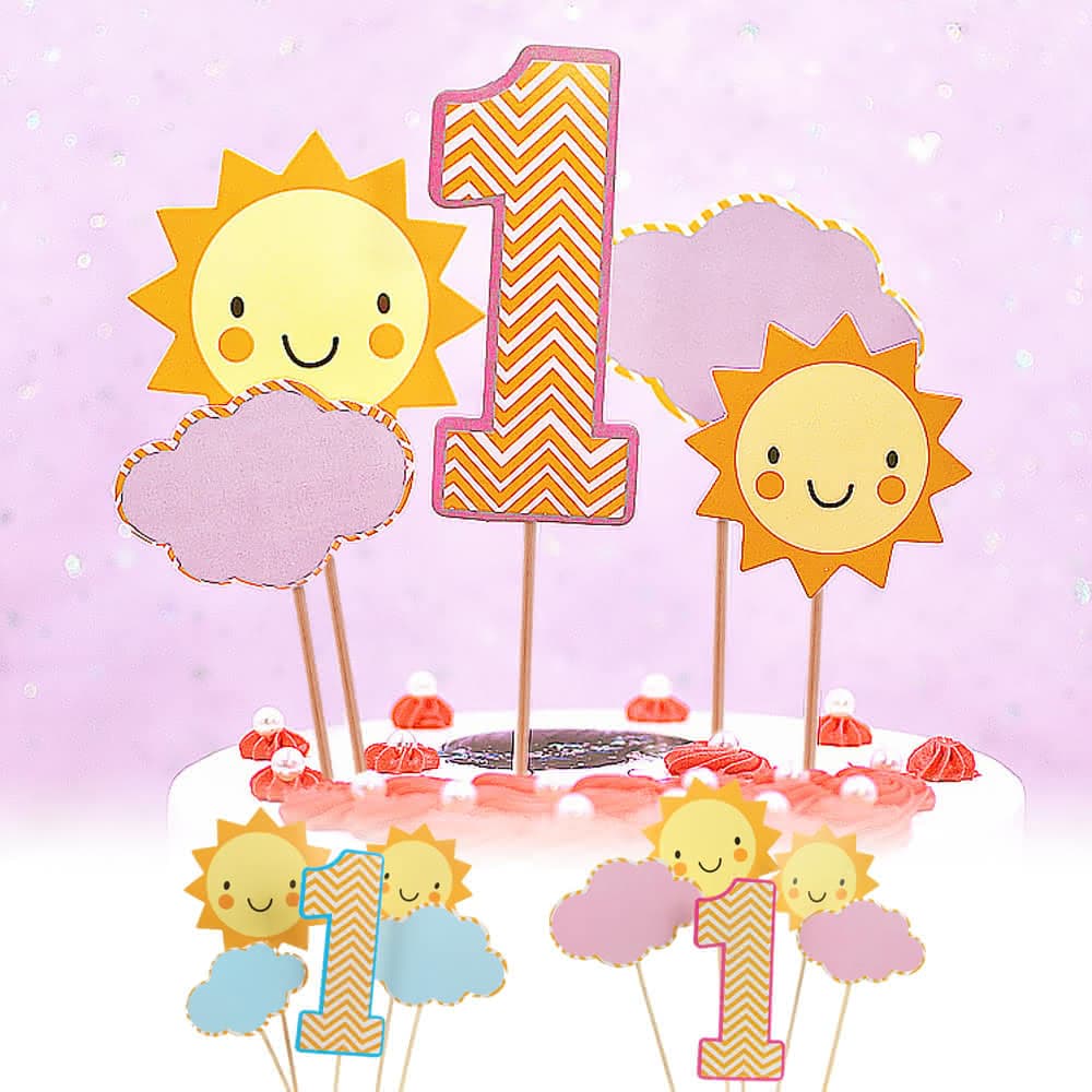【六分埔禮品】一歲太陽款生日蛋糕插牌 5件組(蛋糕插牌生日蛋糕裝飾慶生生日周歲週歲1歲 小物插牌)