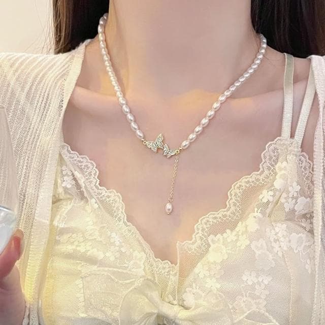 【KT DADA】ins項鍊 巴洛克珍珠項鍊 鎖骨鏈 女生禮物 生日禮物 送禮 項鍊 珍珠項鍊 純銀項鍊 蝴蝶項鍊 流蘇 閨蜜項鍊