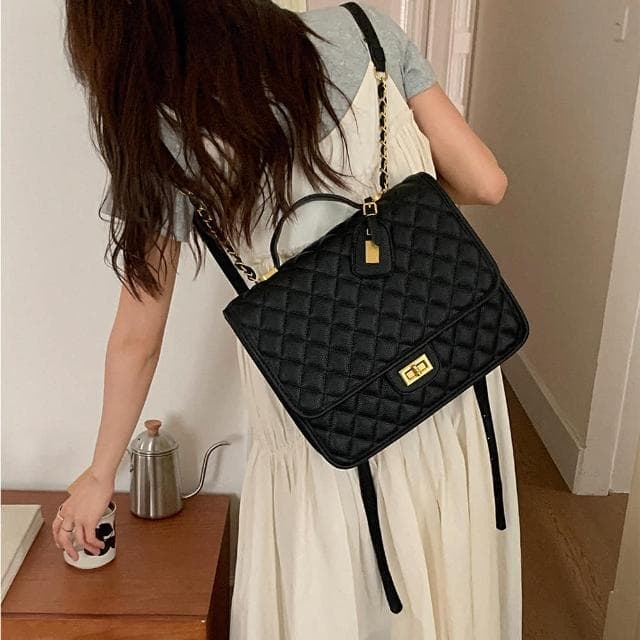 【LEESA】魚子醬\鏈條包\小眾設計\大容量包包\後背包\小香風包包\黑色包包\菱格包\精品包包\女生禮物