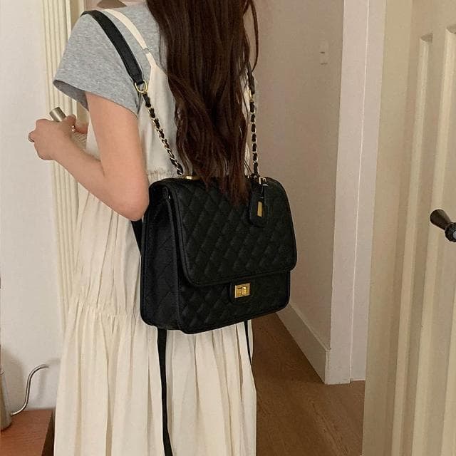 【LEESA】魚子醬\鏈條包\小眾設計\大容量包包\後背包\小香風包包\黑色包包\菱格包\精品包包\女生禮物