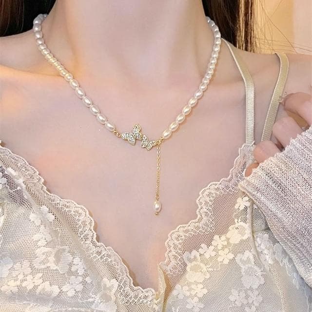 【LEESA】珍珠項鍊\純銀項鍊\蝴蝶項鍊\流蘇\in項鍊\巴洛克珍珠項鍊\鎖骨鏈\女生禮物\生日禮物\送禮