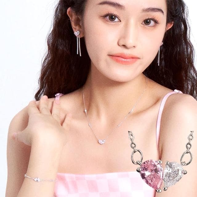 【LEESA】鋯石項鍊\純銀項鍊\拼接項鍊\愛心項鍊\粉色項鍊\鎖骨鍊\\甜美項鍊\可愛項鍊\閨蜜項鍊\禮物