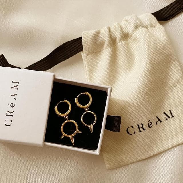 【CReAM】Jeanette不對稱雙層吊墜飾鍍14K金色鋯石圓環環狀鉚釘耳環(新年 過年 送禮 禮物)
