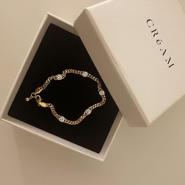 【CReAM】Paula歐美古巴鍊粗鏈亮鑽五鑽飾鍍18K金色 女手鍊(生日 禮物 送禮 禮盒)