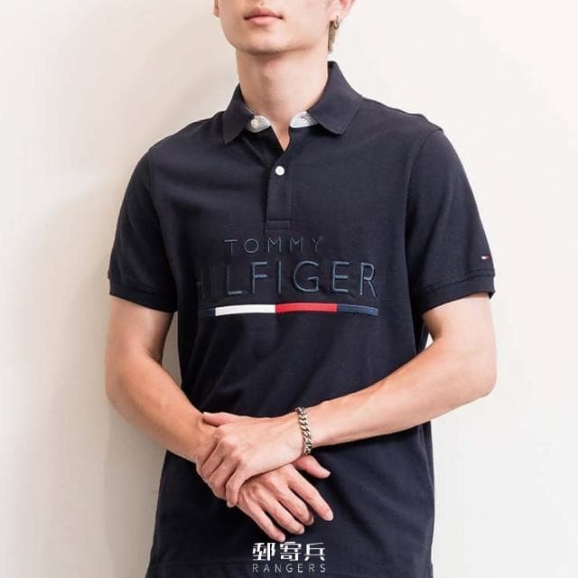 【Tommy Hilfiger】男版 POLO衫 刺繡雙排文字國旗LOGO 短袖 上衣 美國(現貨 禮物 父親節禮物 立領 夏天)