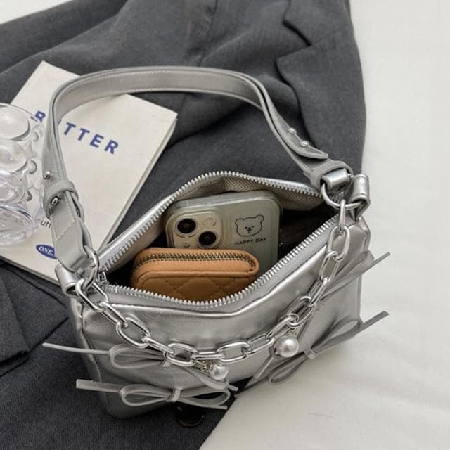 【LEEHER】銀色包包/斜背托特包/蝴蝶結包包/小方包/肩背包/托特包/韓國包包/女生禮物/包包/斜背包