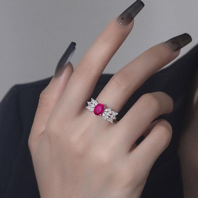【MoonDy】生日禮物 鴿血紅戒指 純銀戒指 鋯石大戒指 新娘飾品 浮誇戒指 紅色戒指 送長輩 送女生