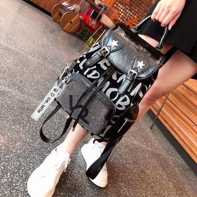 【MoonDy】包包 後背包 真皮包包 牛皮包包 燙鑽雙肩包包 造型包包 真皮後背包 高級感 女背包 大容量背包 黑色背包 禮物