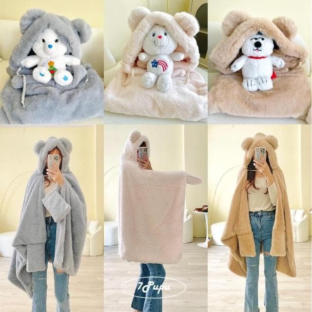 7PuPu🧸成人+兒童款泰迪熊厚實披肩毯(📸實拍/毯子/毛毯/空調毯/連帽毯/小孩披肩毯/披肩毯/保暖/交換禮物)