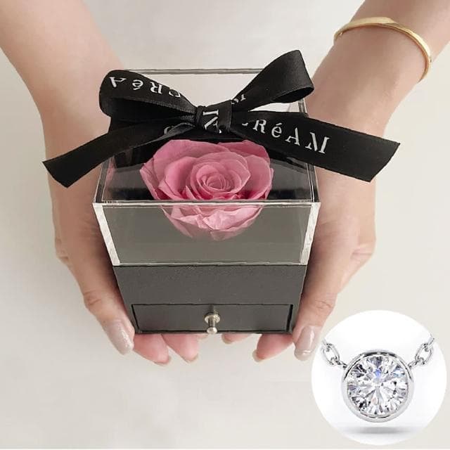 【CReAM】Karina永生花純銀施華洛世奇水晶鋯石女項鍊玫瑰花禮盒(生日 禮物 送禮 禮盒)