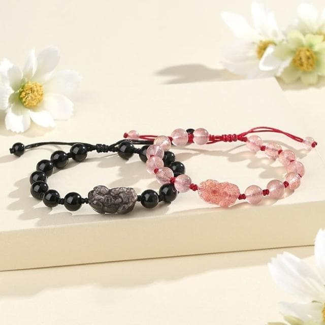 【MoonDy】水晶手鍊 草莓晶 黑曜石 銀耀石 手工編織 手鍊 手環 招財納福 招桃花 串珠 貔貅 情侶手鍊 飾品 情人節禮物