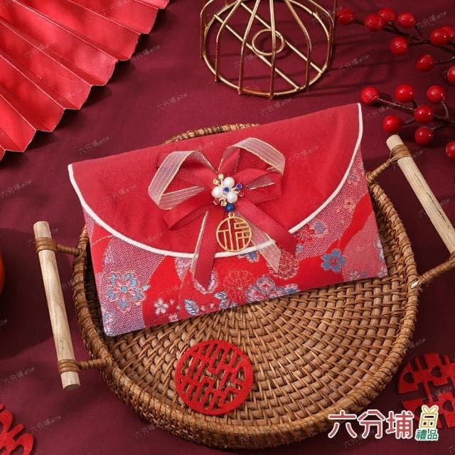 【六分埔禮品】珍珠雙色蝴蝶結橫式紅包-花朵-單入組(過年新年快樂龍年春節小物婚慶春酒尾牙造型紅包)