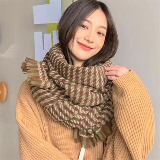 【KT DADA】千鳥紋圍巾 仿羊絨披肩 韓國圍巾 格子圍巾 流蘇圍巾 圍巾 披巾 披肩 圍脖 保暖毯 情侶圍巾 禮物