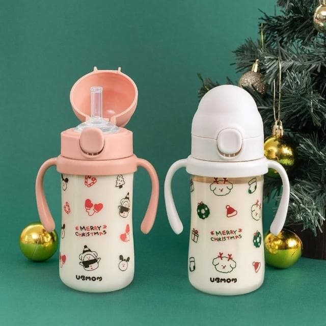 【UBMOM】2024聖誕限定款水壺(奶瓶) 200ml/280ml 白色禮物狗狗/粉色雪人麋鹿 任兩件送品牌提袋