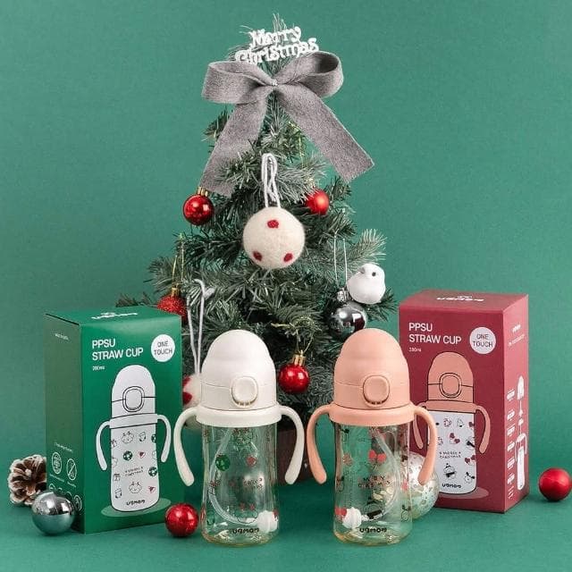 【UBMOM】2024聖誕限定款水壺(奶瓶) 200ml/280ml 白色禮物狗狗/粉色雪人麋鹿 任兩件送品牌提袋