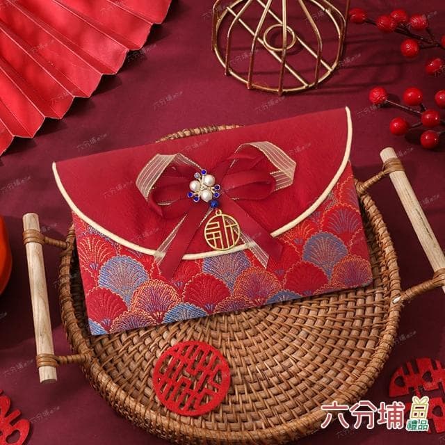 【六分埔禮品】珍珠雙色蝴蝶結橫式紅包-紅葉-單入組(過年新年快樂龍年春節小物婚慶春酒尾牙造型紅包)