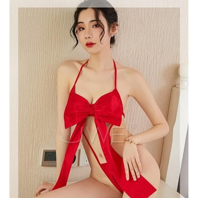把自己扮成禮物送給親愛的他 胸前大蝴蝶結掛脖綁帶性感連身衣 性感內衣 性感睡衣 情人節禮物 生日禮物 女性情趣用品