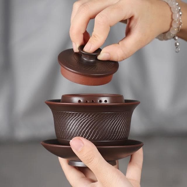 四季風家居  建水紫陶茶具茶碗全手工跳刀三才蓋碗高級泡茶碗防燙帶蓋家用茶具