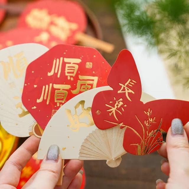 MIIPHA『新年小物』日式京都風燙金祝福扇子賀禮卡（綜合20張）（新年 居家 辦公 布置  創意文青 新年裝飾 正能量語錄 文青風 書法 明信片 祝福 許願 相框 壁貼 質感 禮物）