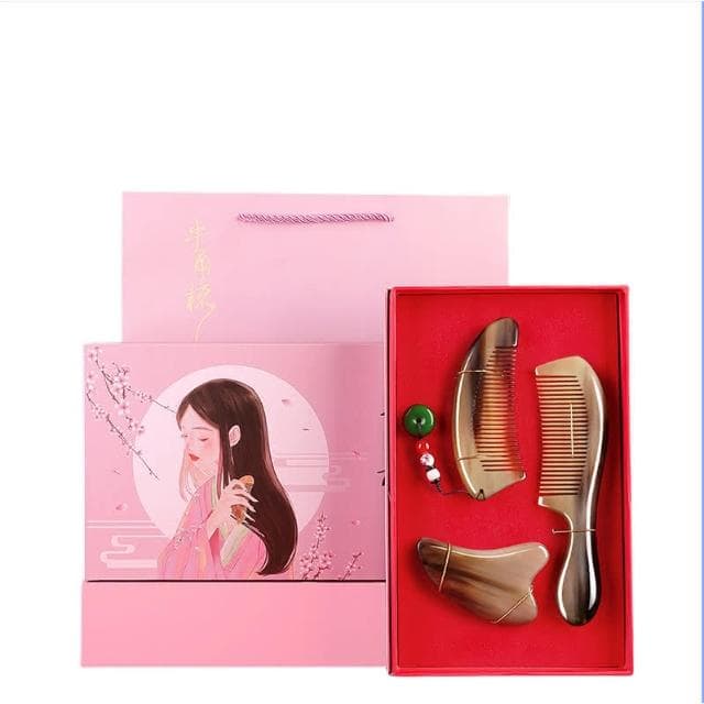 牛角梳 牛角梳禮盒裝 女生生日禮物 情人節禮物 加大牦牛角梳三件套