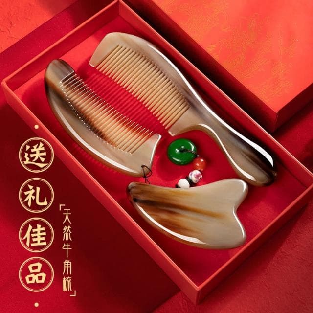 牛角梳 牛角梳禮盒裝 女生生日禮物 情人節禮物 加大牦牛角梳三件套