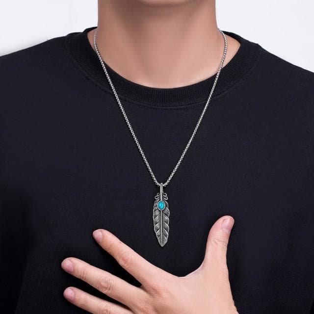 【LEEHER】復古風/飾品/造型項鍊/個性項鍊/羽毛項鍊/項鍊/不銹鋼項鍊/歐美項鍊/葉子/綠松石/吊墜/男女通用/配飾/禮物