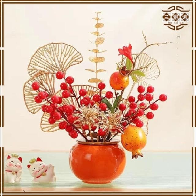 三雅道 柿柿如意喬遷之喜裝飾品開業桌面紅果盆栽擺件禮物布置客廳擺設