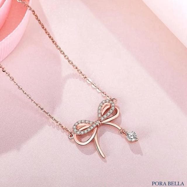 【Porabella】925純銀蝴蝶結流蘇項鍊 蝶夢系鎖骨鏈 鑲鑽項鍊 鋯石項鍊 生日禮物 送女友 Necklace