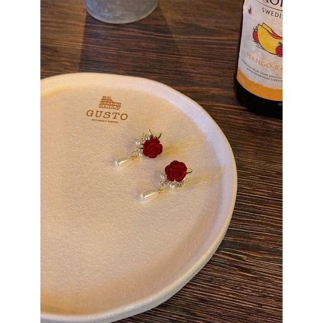 {遇見臻品}BG209新娘禮服耳飾復古酒紅色珍珠耳環紅色絲絨玫瑰耳環銀針復古珍珠耳環復古絲絨珍珠耳環紅色玫瑰耳環造型耳環