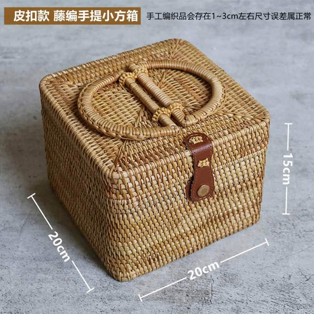 Q683越南手工藤編收納箱茶具收納盒戶外家用便攜手提帶蓋桌面收納