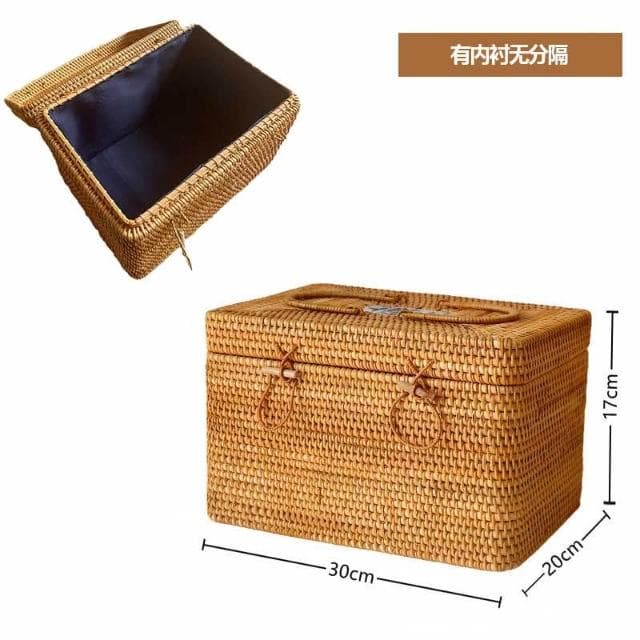 Q683越南手工藤編收納箱茶具收納盒戶外家用便攜手提帶蓋桌面收納