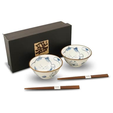 日本 招財貓陶瓷對碗套組禮盒 (附木筷) 美濃燒 陶瓷 對碗 招財貓 結婚禮 入厝禮 企業採購 商務禮品 生日禮