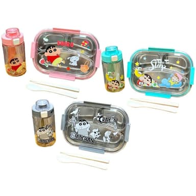 【Hello 蠟筆小新】304不鏽鋼便當盒+水壺500ML＋餐具 (正版授權 保鲜飯盒 帶蓋  密封便當盒 食物保鮮  冷藏保鮮 收納盒 儲存 運動水壺 兒童水壺 隨身水壺 隨身杯 大容量水瓶 送禮 生日禮物 交換禮物 聖誕禮物)