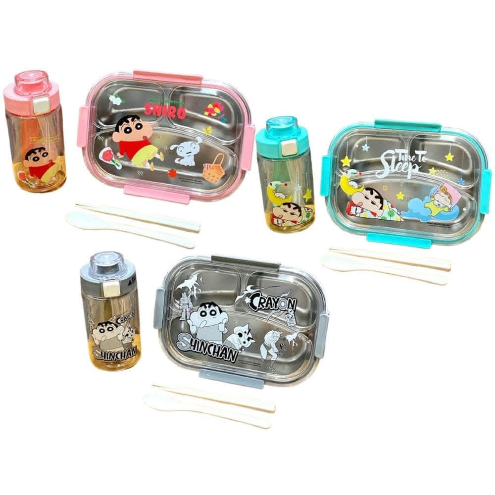 【Hello 蠟筆小新】304不鏽鋼便當盒+水壺500ML＋餐具 (正版授權 保鲜飯盒 帶蓋  密封便當盒 食物保鮮  冷藏保鮮 收納盒 儲存 運動水壺 兒童水壺 隨身水壺 隨身杯 大容量水瓶 送禮 生日禮物 交換禮物 聖誕禮物)