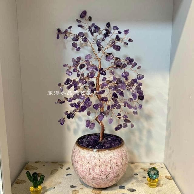 招財樹 天然粉水晶貓眼石黃色招財樹 桃花擺件 許願家居客廳玄關裝飾品禮物