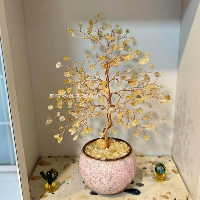 招財樹 天然粉水晶貓眼石黃色招財樹 桃花擺件 許願家居客廳玄關裝飾品禮物